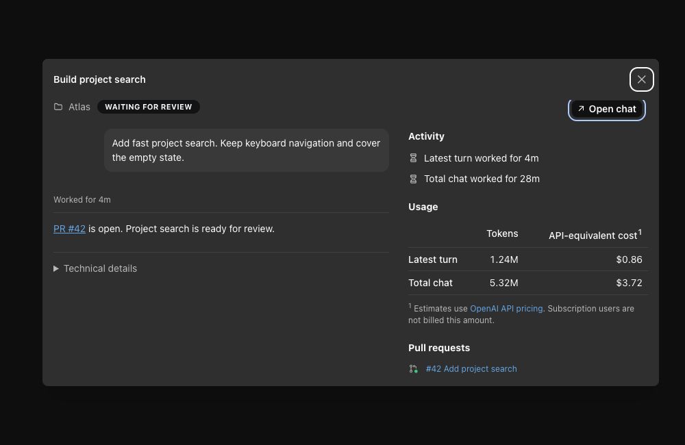 Actual TaskChef Details with the Open chat button highlighted at the top right