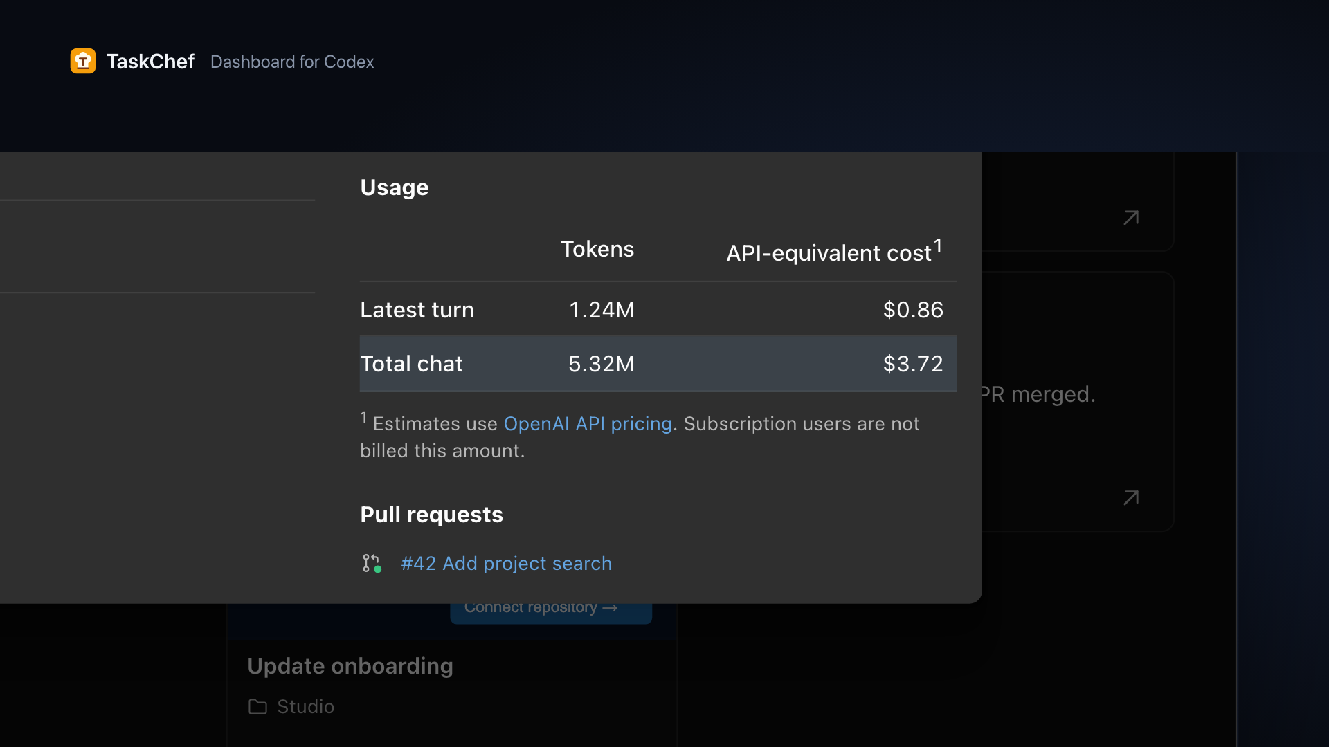 Details showing latest-turn and total-chat token usage and estimated API-equivalent cost